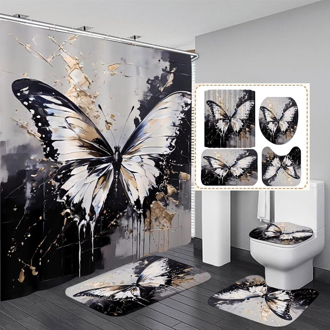 4 Pcs Black Butterfly Shower Curtain Set with Rugs Grey and Gold Bathroom Set Modern Bathroom Accessories Decor with Bath Mats,Rugs