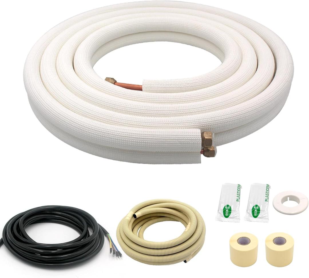 20FT Mini Split Line Set 1/4*1/2 OD HVAC Copper Tube Pipe Extension,3/8 Thickened PE Insulation Coil Air Conditioner Twin Copper Line Heating Equipment Hose with Flared Nuts (20FT (1/4+1/2) with wire)