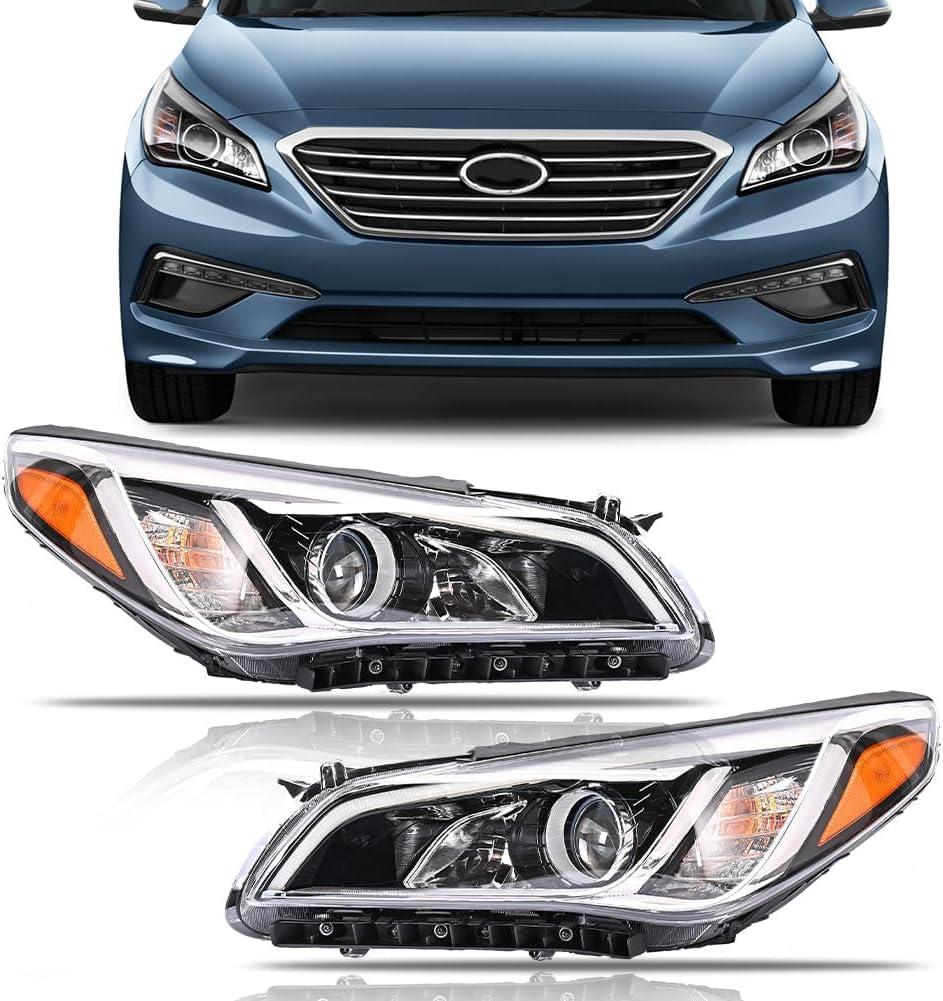 Headlight Assembly for 2015 2016 2017 Hyundai Sonata, Passenger & Driver Side Halogen Headlamp with Clear Lens Black Housing Amber Reflector (All Bulbs Included), 1 Piar, 92102-C2000 HY2503183