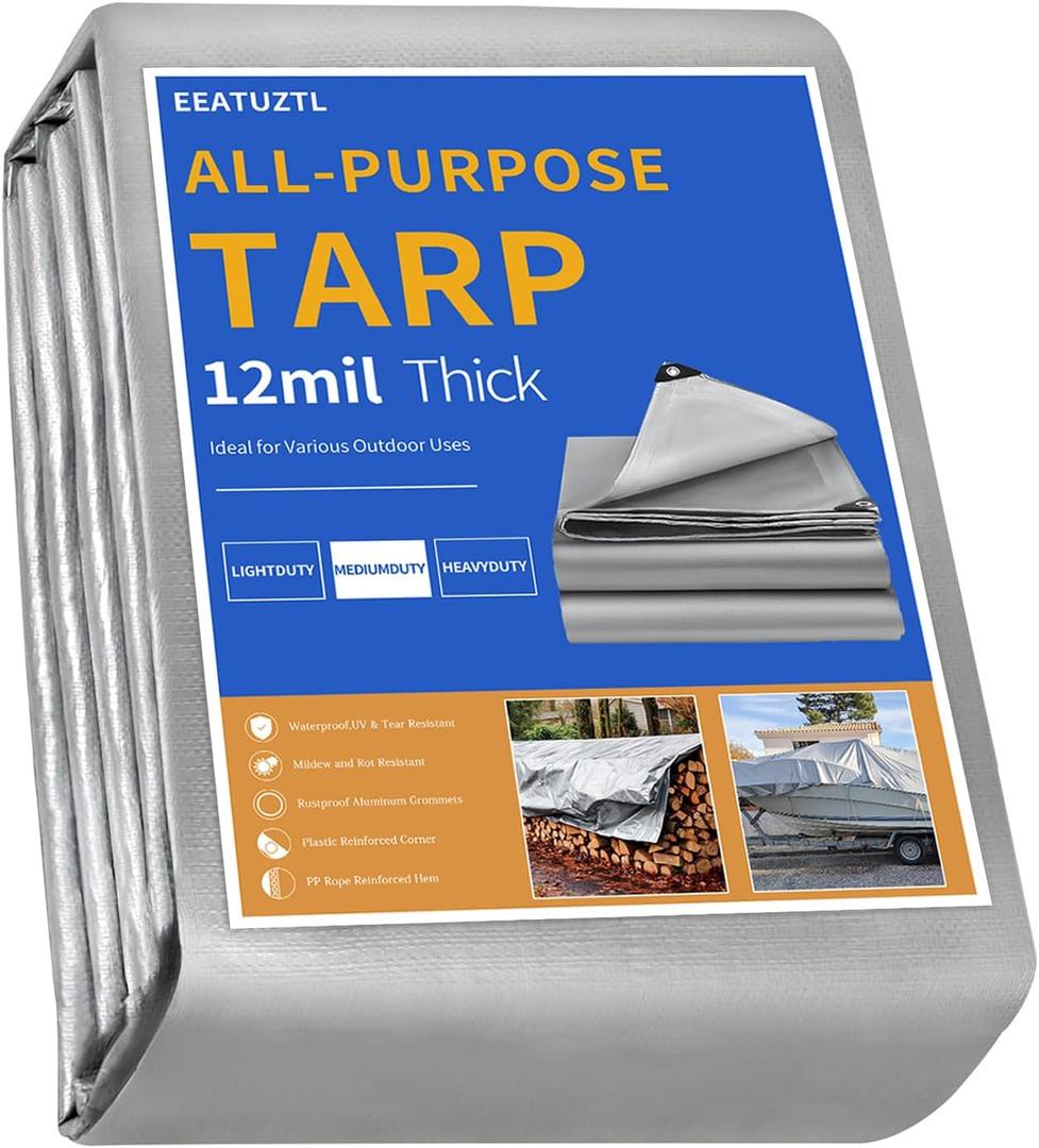 Sliver Tarps Heavy Duty Waterproof, 12 Mil Large Tarps with Grommets and Reinforced Edges, UV Resistant, Tear&Fade Resistant, Waterproof Covers for Outdoors Tent Roof, 10 * 30 FT