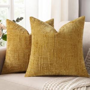 decorUhome Mustard Yellow Chenille Euro Sham Throw Pillow Covers 22x22 Set of 2 Textured Slubby Couch Pillow Covers Farmhouse Accent Modern Neutral Decorative Pillow Cases for Bed Sofa Living Room