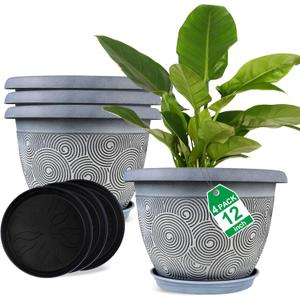 12 Inch Large Planter Pot for Plants Indoor Outdoor, 4 Pack Plastic Flower Pots with Drainage Hole & Tray, Modern Decorative Garden Pot with Saucer, Plant Container for House (Blue)