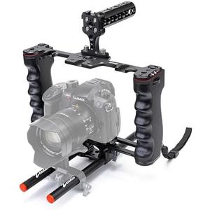 Zeadio Camera Video Rig Cage, Aluminum Filmmaking Movie Making Kit with Top Handle & Arca Type Base and Two 15mm Rod Guide, Compatible with All DSLR Camera and Camcorder