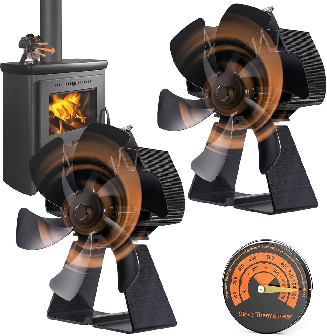 Flanagan 2 PCS Fireplace Fans, 5 Blades Stove Fan, 7in Log Burner Fan Heat Powered Fireplace Fan for Wood Burning Stove/ Log Burner/ Fireplace(Include Magnetic Thermometer) (2 PCS -5 Blades)