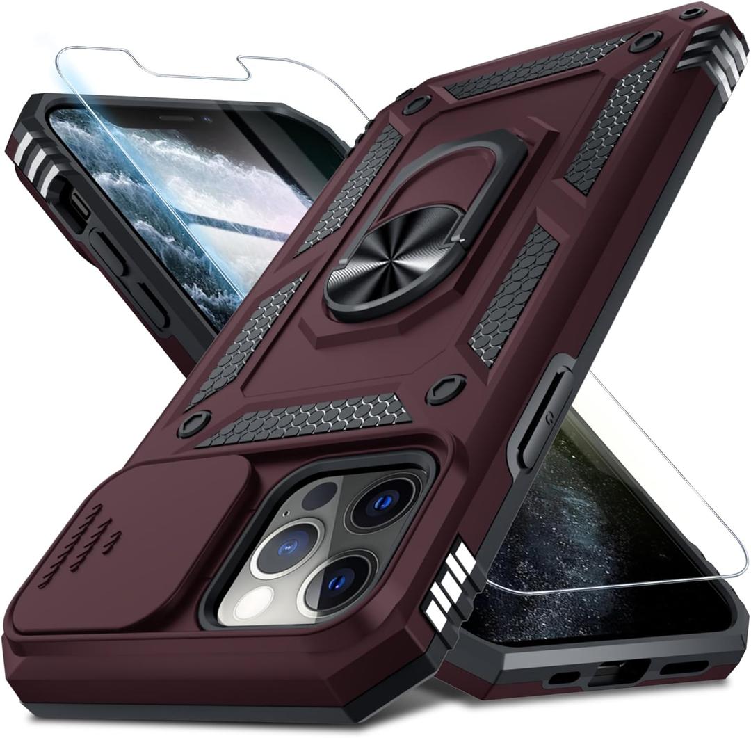 Janmitta Case for iPhone 11 Pro Phone Cover Built in Slide Camera Lens Cover+Screen Protector,Heavy Duty Shockproof Full Body PhoneCase with Finger Ring Holder Kickstand,Wine Red