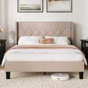 Novilla Queen Bed Frame with Headboard, Queen Size Bed Frame, Linen Upholstered Pull-Point Wing Side Headboard, No Box Spring Needed, Heavy Duty Feet, Easy Assembly, Beige