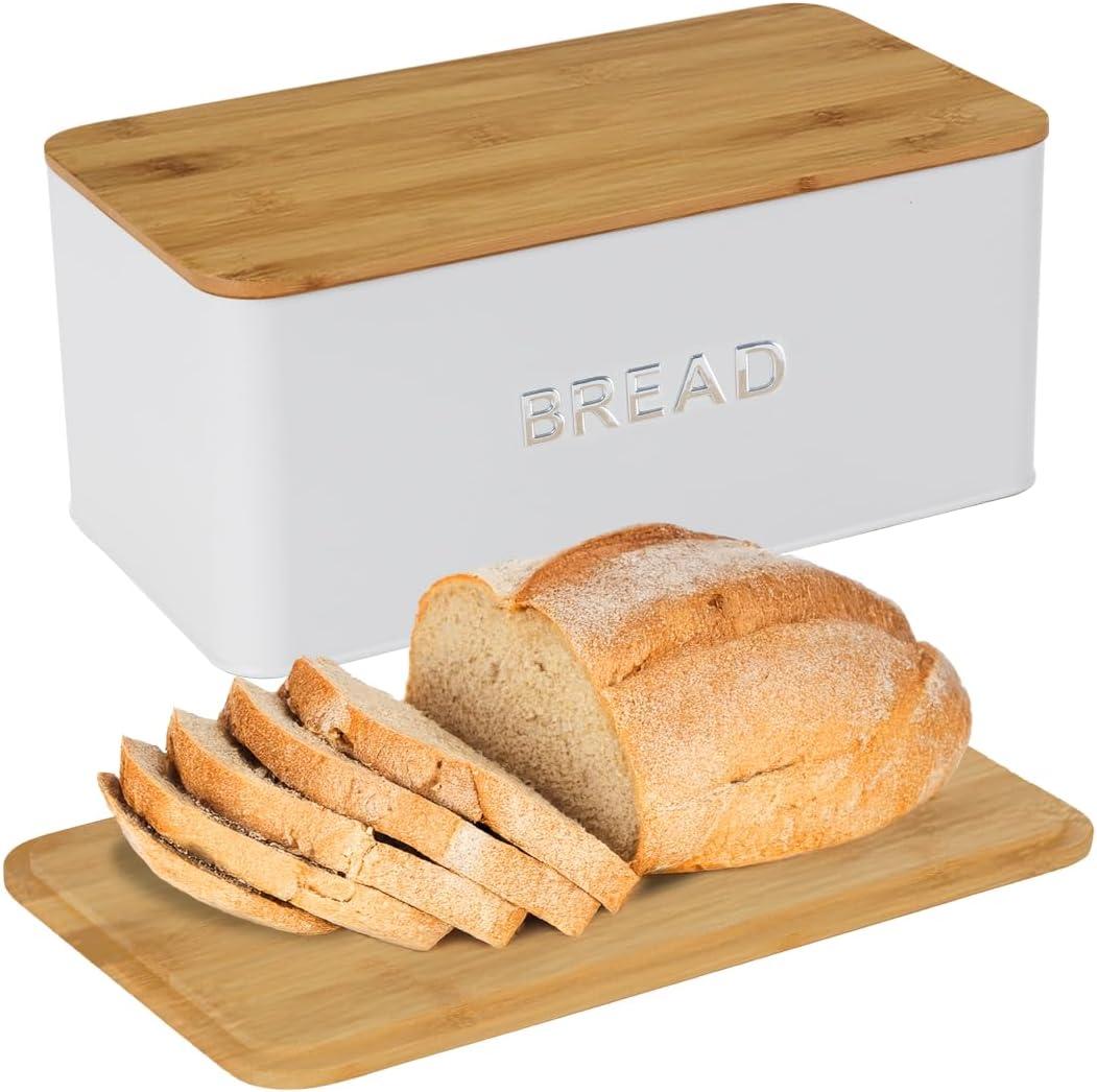 Culinary Couture White Bread Box for Kitchen Countertop with Bamboo Lid - Large BreadBox for Homemade Bread - Storage BreadBox with Cutting Board Lid