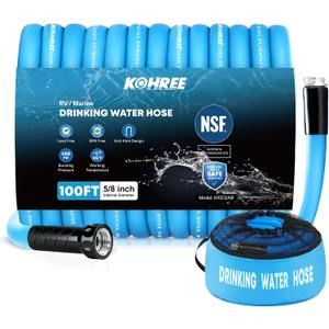 Kohree NSF 372 Certified 100-ft Drinking Water Hose, 5/8'' Premium RV Water Hose with Storage Bag, Heavy-Duty Machined Fittings, Leak Free, No Kinks, Potable Water Hose for RV, Camper, Garden - Blue