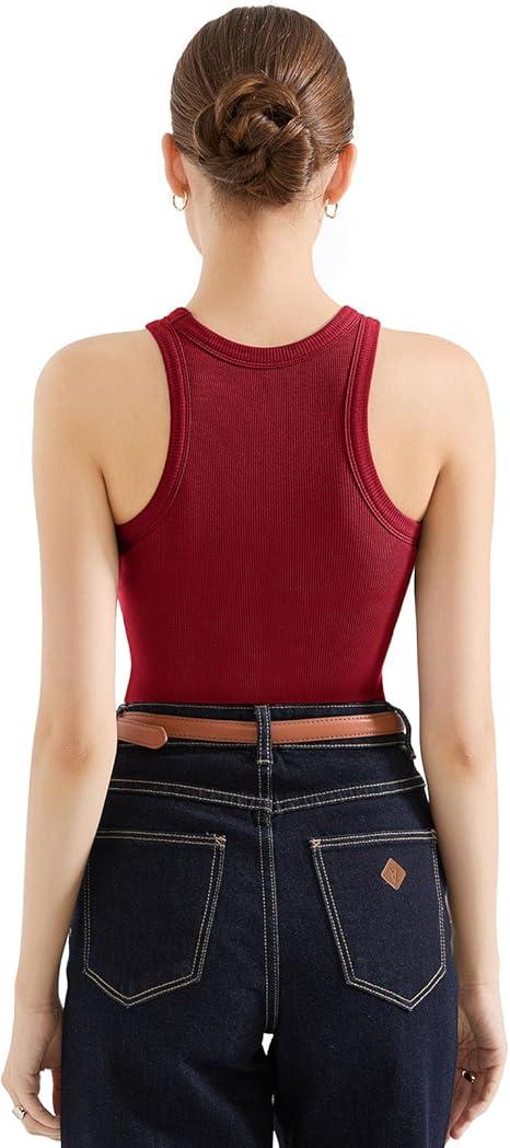 SUUKSESS Women Padded Cotton Ribbed Tank Tops 2025 High Neck Racerback Basic Tops (Large, Wine Red)
