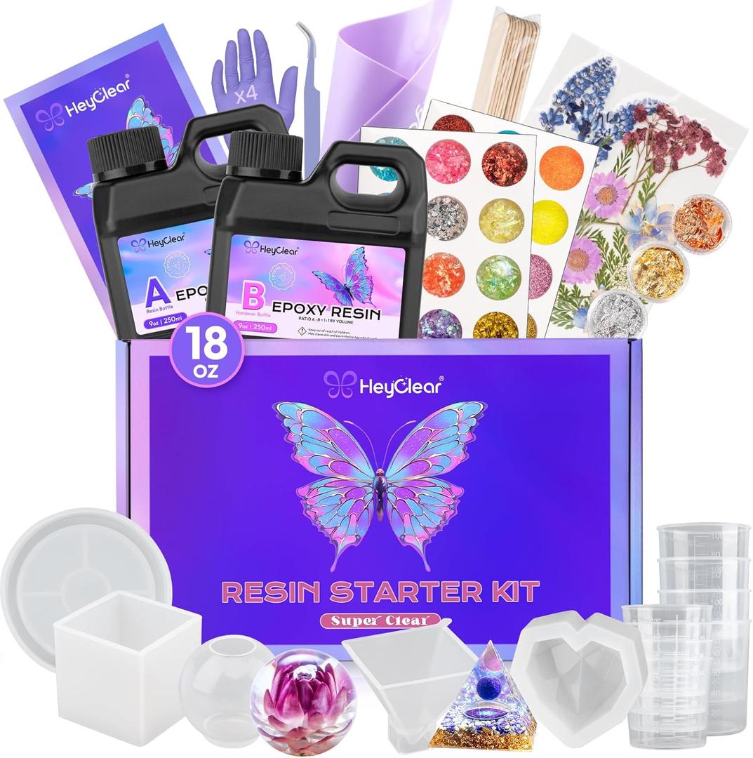 HeyClear Epoxy Resin Kit with Molds for Beginners -18 oz Super Clear and Hard Resina Complete Craft Supplies Set for Starter Casting Arts Crafts for Adults, DIY Creation Gifts