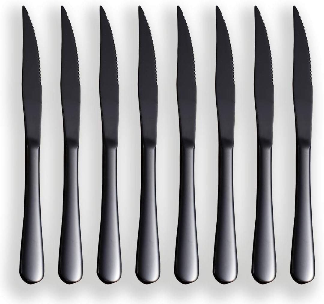 Kyrtaon Black Steak Knife Set, Serrated Titanium Plating Stainless Steel Sharp Knives, Dinner Set of 8, Dishwasher Safe Sturdy and Easy to Clean