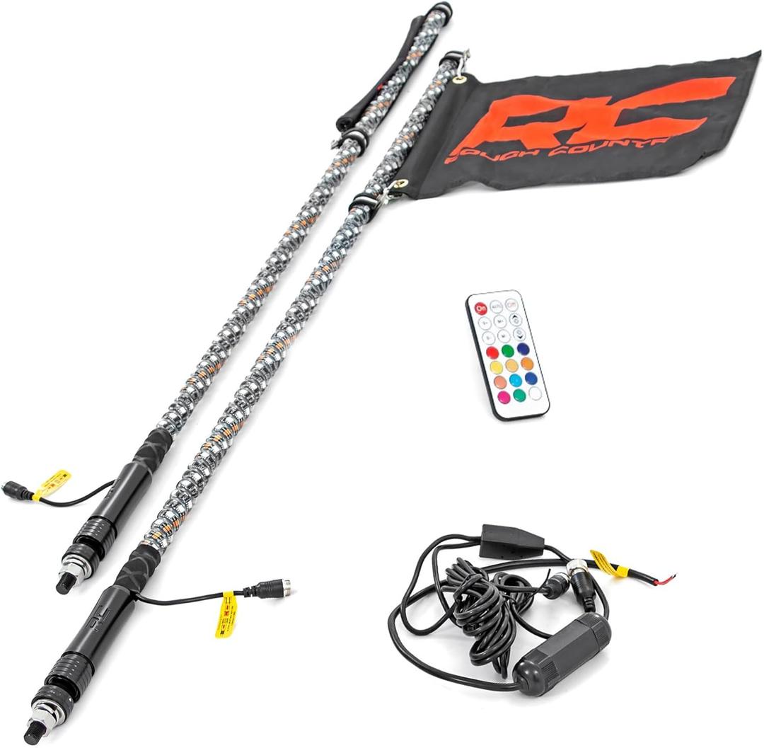 Rough Country 4' LED Whip Lights for UTV, ATV - Set of 2, 48" UTV LED Whips, Multi-Color RGB LEDs, 300 Patterns, Waterproof, Quick-Release Base