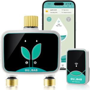 QUOBAS WiFi Sprinkler Timer with Brass Inlet & Outlet, 2-Zone Smart Water Timer for Garden Hose with APP Remote Control, Manual Watering, Rain Delay Watering, for Lawn, Garden