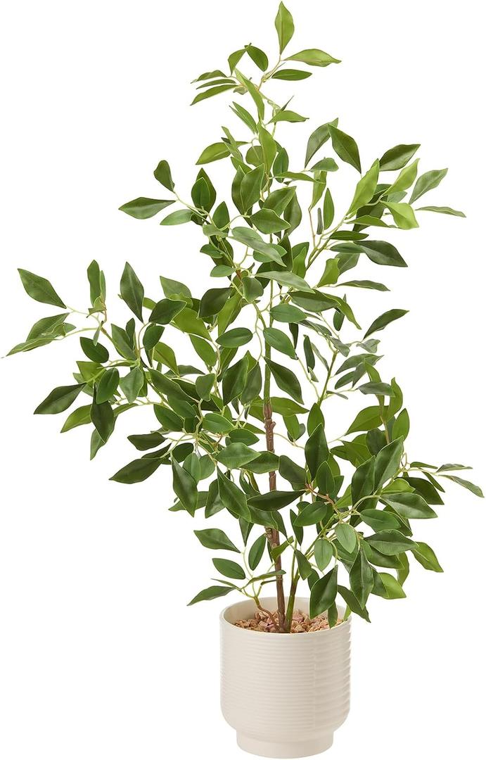 Artificial Potted Plants Indoor,27" Faux Plants Ficus Leaves Trees with Ceramic Pots,Realistic Fake Plant Indoor Potted for Living Room Office Farmhouse Room Bathroom Bedroom Kitchen Plant Decor