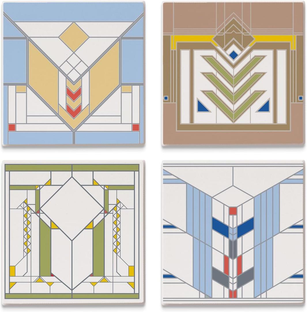 Chevron Designs by Frank Lloyd Wright 4-Pack Assorted Stone Coasters with Protective Cork Backing Manufactured in the USA Absorbent Easily Wipes Clean