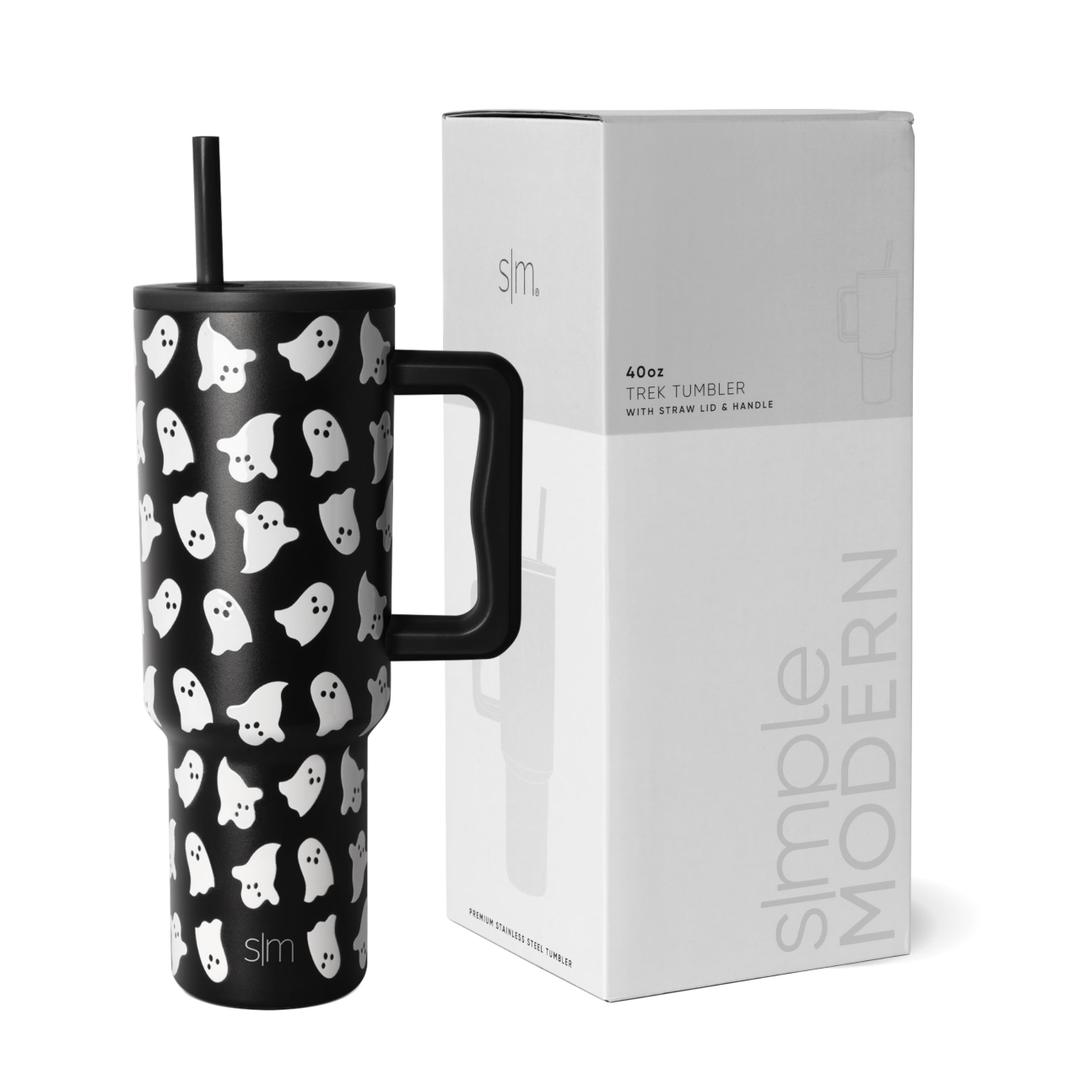 Simple Modern Halloween 40 oz Tumbler with Handle and Straw Lid  Insulated Cup Stainless Steel Water Bottle Travel Mug Cupholder Use  Gifts for Women  Trek Collection  Black and White Ghosts