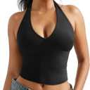 OMKAGI Womens Tank Tops Sexy Halter V Neck Going Out Tops Sleeveless Y2K Crop Top (Medium, 293-black)