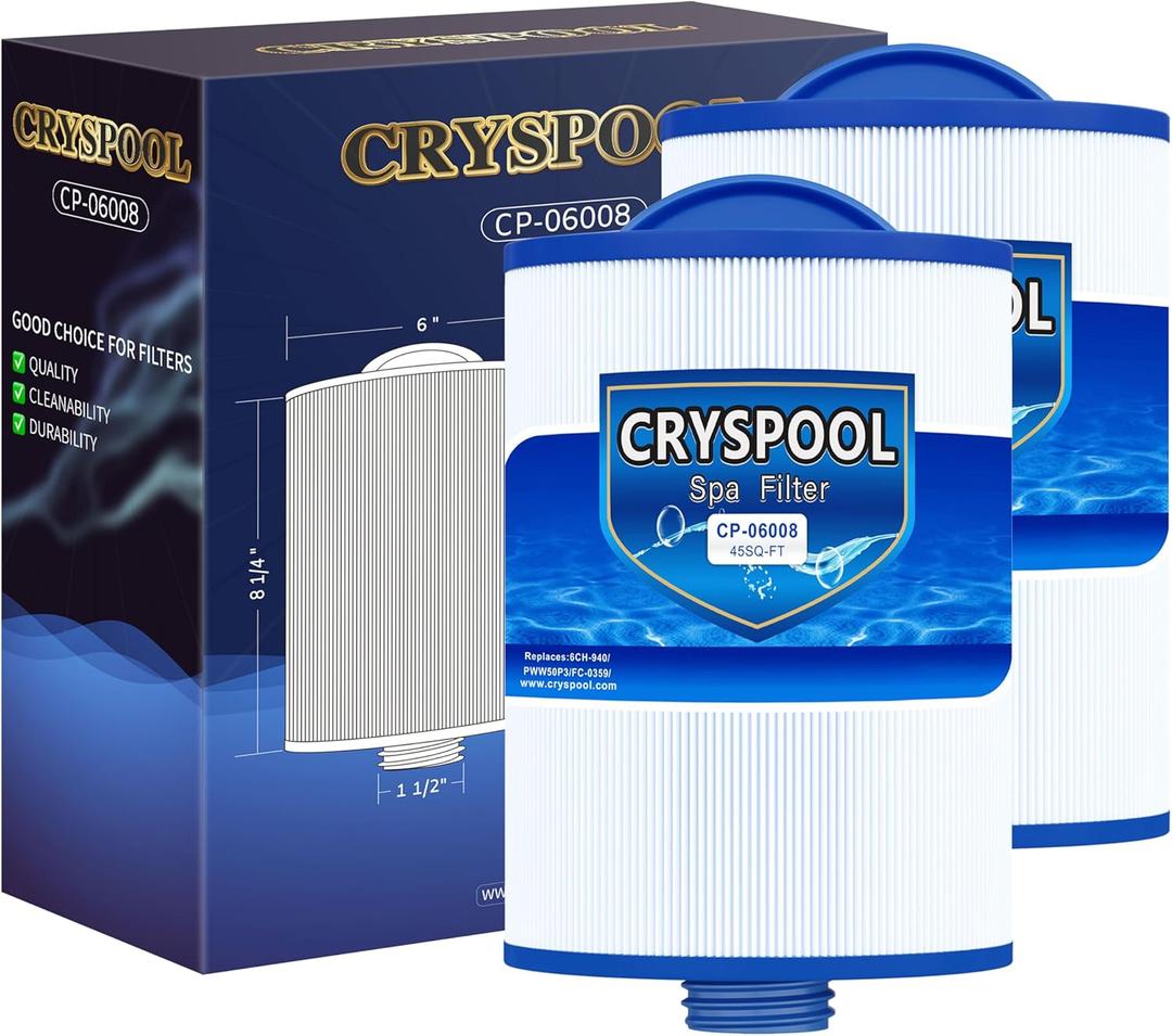 Cryspool 06008 Filter Compatible with 6CH-940, PWW50P3 (NOT PWW50P4), FC-0359, Viking Spa Hot Tub Filter, 45 Sq. Ft Spa Filter Cartridge, 2 Pack