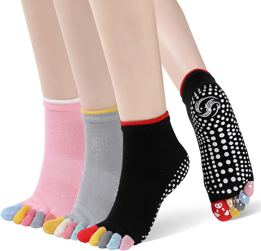 CaiDieNu Yoga Socks for Women, Non Slip Full Toe Socks with Grips for Pilates Barre Dance Ballet Hospital, 3 Pairs (6-8)
