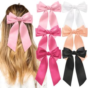 6PCS Silky Satin Hair Bows, Cute Bow Clips for Women, Large Hair Bows for Women Long Tail Hair Bows for Girls, Hair Ribbon Bows, Pink Hair Accessories
