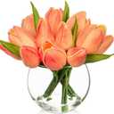 DILATATA Artificial Peach Tulips in Vase with Faux Water 6" Real Touch Flowers Fake Tulips Small Flowers Arrangement in Round Glass Vase for Mother's Day Table Centerpiece Wedding Home Decor
