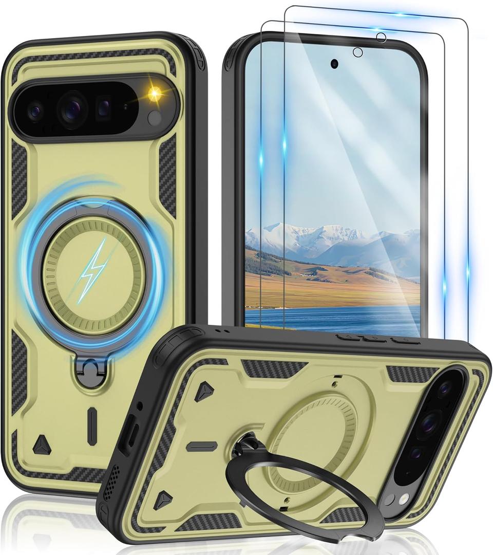 Gritup for Google Pixel 9 Pro XL Case：Compatible with MagSafe & [HD Screen Protector×2],Metal Rotated Kickstand,Military Grade Drop Proof Anti-Fingerprint Protective Pixel 9 Pro XL,Green