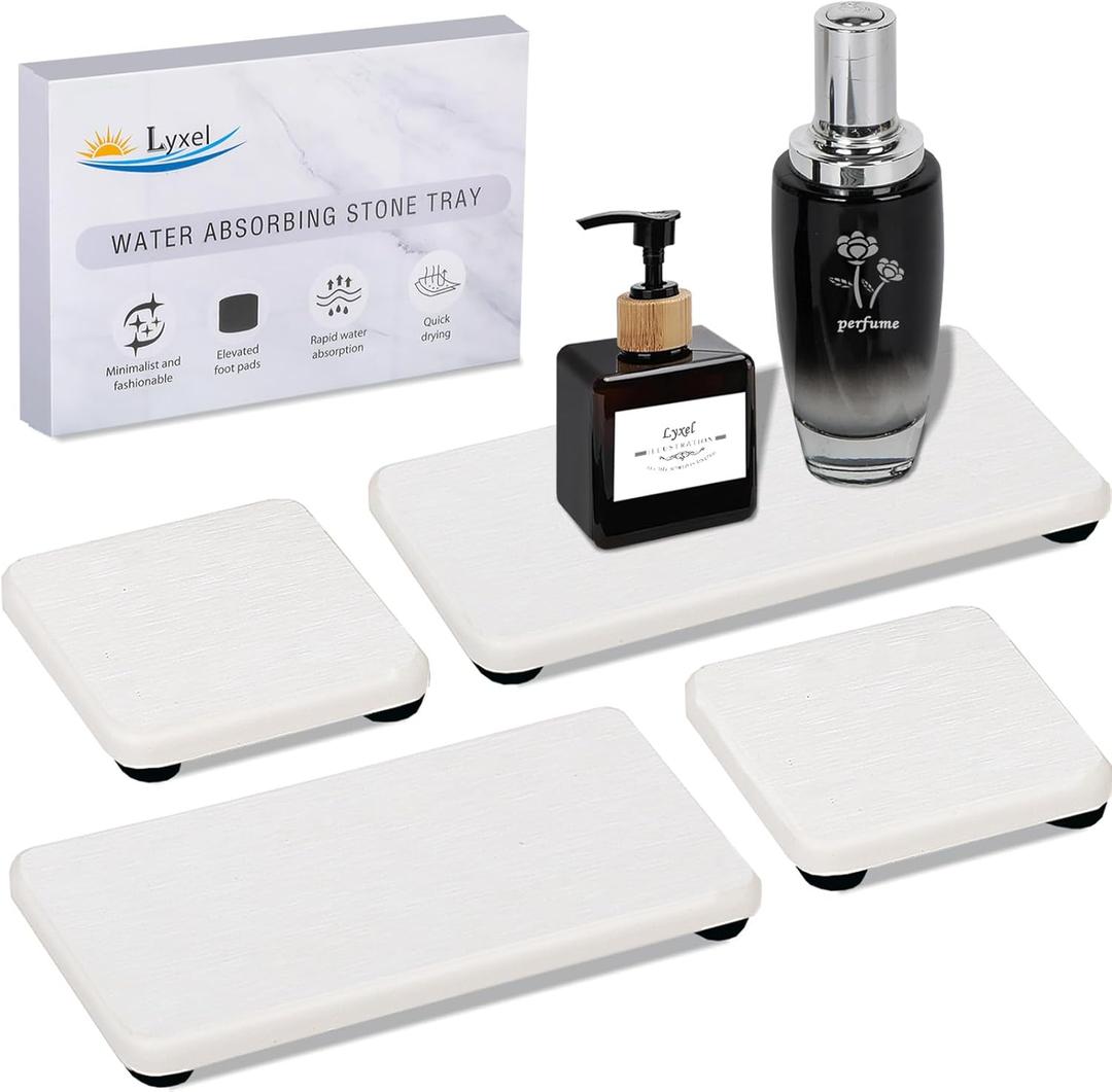 4PCS Water Absorbing Stone Tray for Sink, Fast Drying Stone Sink Tray, Water Absorbent Diatomite Trays, Diatomaceous Coaster, Stones Drying Trays for Bathroom Sinks and Kitchen Counter (White)