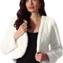 Allegra K Cropped Jacket for Women's Faux Fur with Pockets Long Sleeve Open Front Wedding Bolero Gowns Coat (Medium, White)