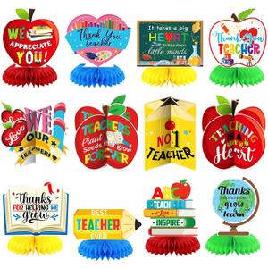 12 Pcs Teacher Appreciation Table Decorations Honeycomb Centerpieces Thank You Table Decoration 3D Teacher Appreciation Week Honeycomb Centerpiece Tables Sign for Classrooms Desks Decor