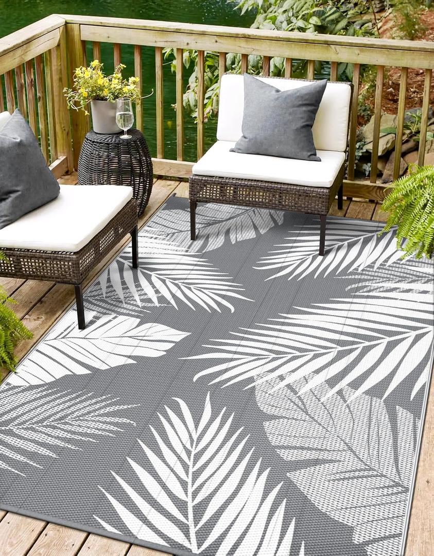 sarben Outdoor Rug 8x10 Waterproof for Patio Clearance, Reversible Indoor Outdoor Plastic Straw Camping Rug Carpet, RV Mat, Large Area Rug for Deck, Backyard, Balcony, Porch, Beach, Grey & White