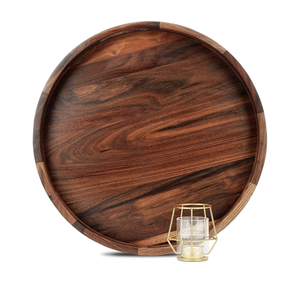 18 Inches Extra Large Round Black Walnut Wood Ottoman Tray with Handles, Serve Tea, Coffee or Breakfast in Bed, Classic Circular Wooden Decorative Serving Tray