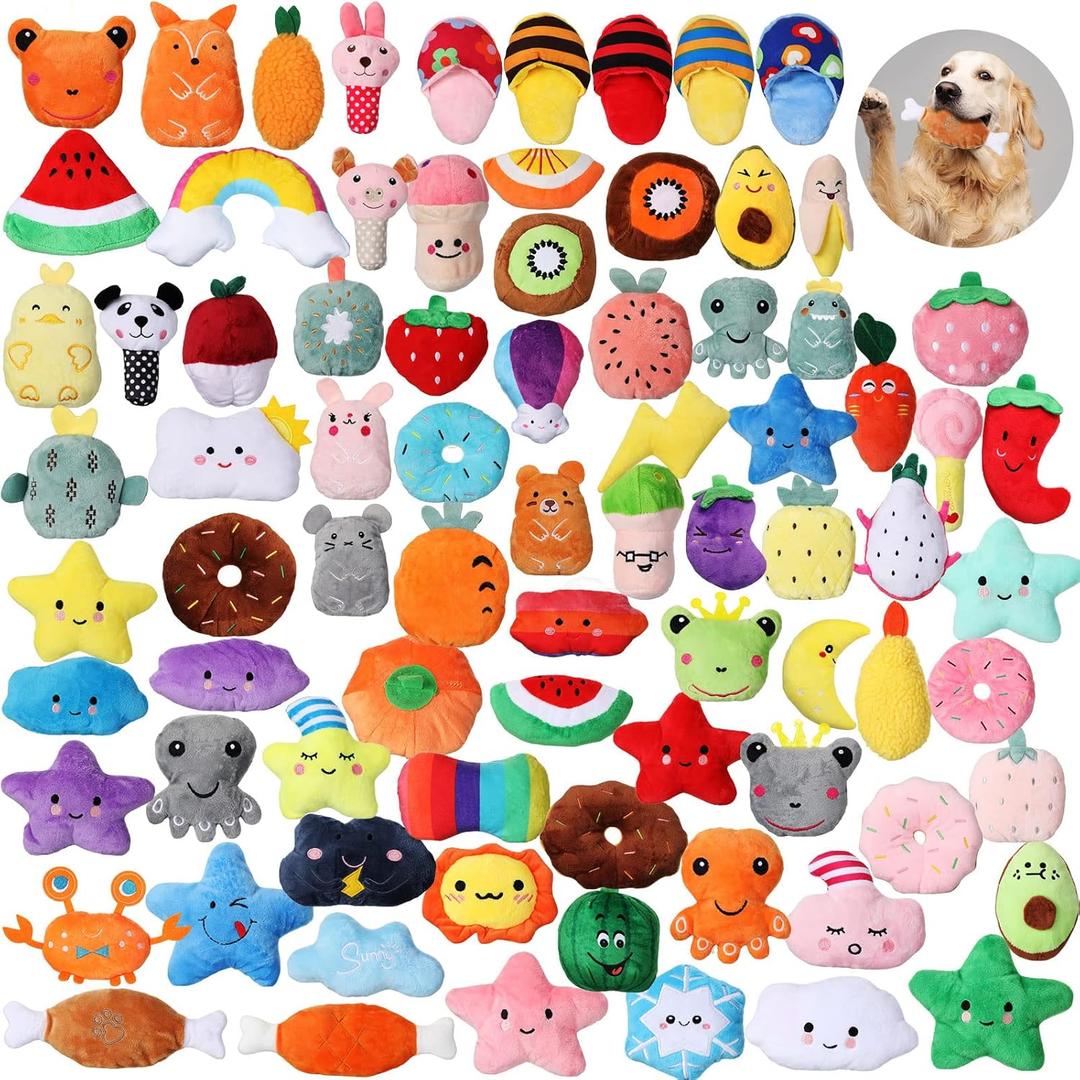 Hungdao 80 Pcs Dog Squeaky Toys Bulk for Small Dog Cute Plush Stuffed Puppy Chew Teething Toys Pet Bundle Easter Gift for Chewing Cleaning & Interactive Play