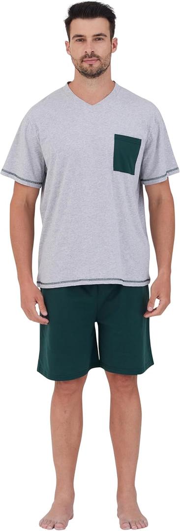 Keyocean Mens Pajama Set, Soft Cotton V-Neck Short-Sleeve T-Shirt & Shorts Summer PJ Set for Sleeping (Gray, XXL)