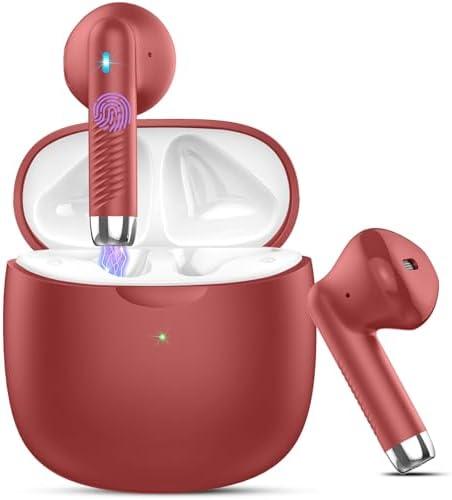 Wireless Earbuds, Bluetooth 5.4 Headphones in Ear with Noise Cancelling Mic, Bluetooth Earbuds Stereo Bass, IP7 Waterproof Sports Earphones, 32H Playtime USB C Charging Ear Buds Red for Android iOS