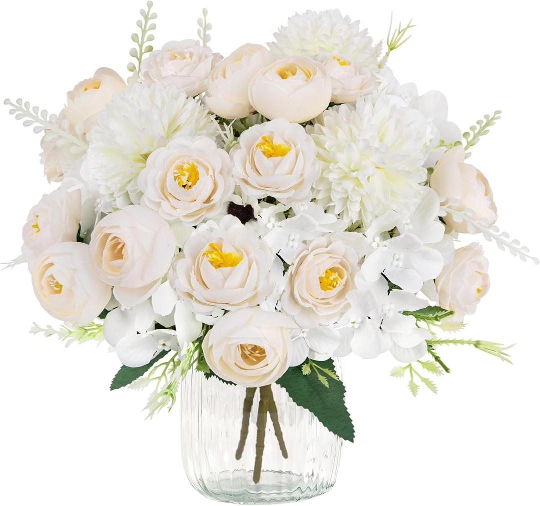 3 Pcs Silk Peonies Artificial Flowers Bouquets for Decorations, Realistic Fake Peony Hydrangea Roses Bouquet for Home Indoor Vase Faux Floral Arrangements Table Centerpieces Outdoor Wedding Party (White)