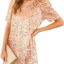 Women's Crewneck Sequin Shift Dress Short Sleeve Casual Holiday Sparkly Party Dress,L