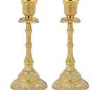 OwnMy Set of 2 Taper Candle Holders Vintage Metal Pillar Candlestick Holders 7.4, Elegant Brass Candle Stick Holders Decor Candelabra Set for Dining Table Centerpieces Wedding Home Decoration, Gold