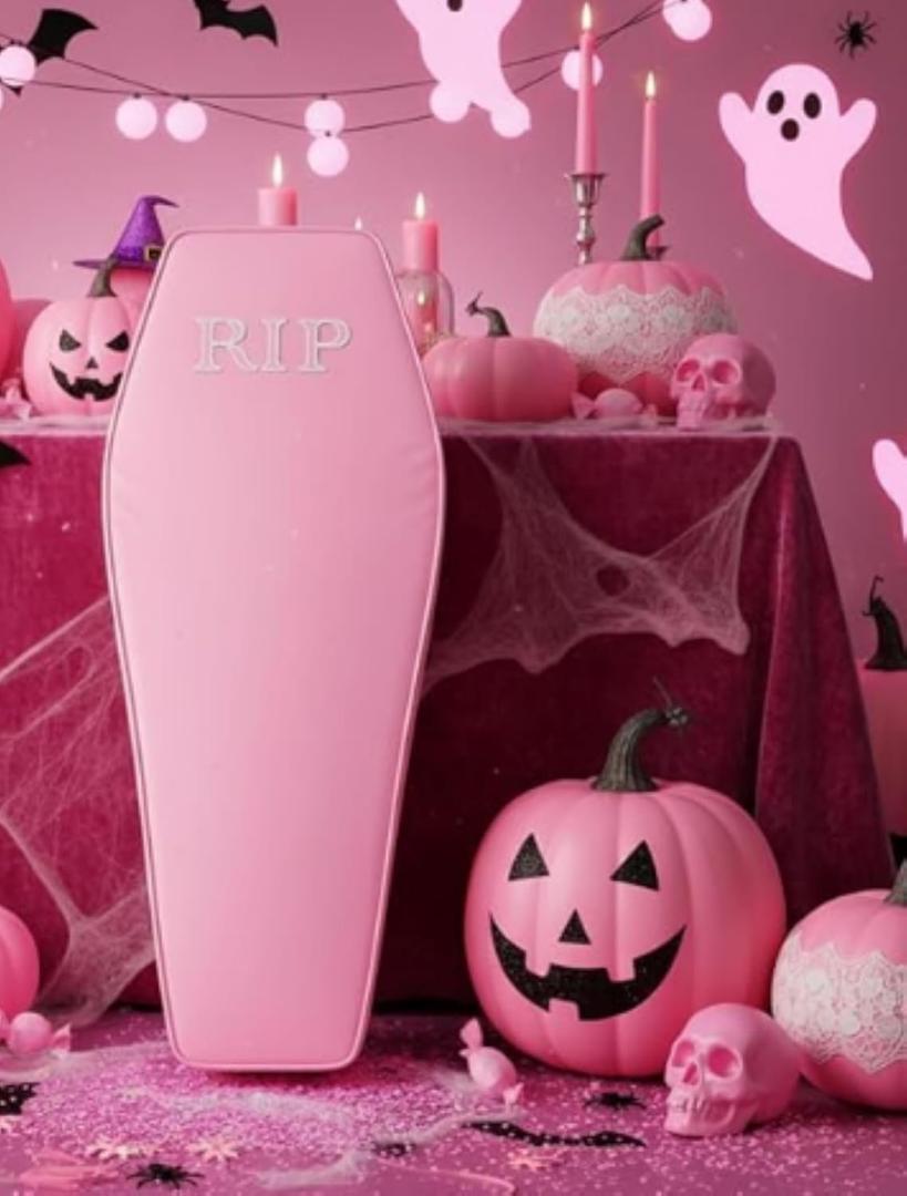 Liliful Halloween Cemetery Pop up Coffin with Lid, 60 Inch Collapsible Scary Fake Fabric Coffin Prop Life Size, for Graveyard, Halloween Decoration, Lawn, Party (Pink,Lifelike)