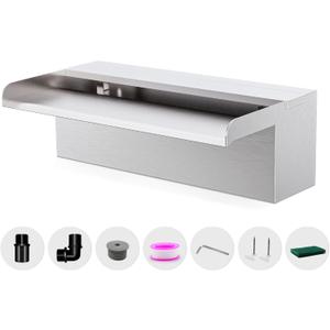 Waterfall Pool Fountain LONGRUNNEW 304 Stainless Steel 11.8" Rectangular Waterfall Spillway, Water Fall Fountain with Pipe Connector for Garden Outdoor, Swimming Pools, Fountains, Pond and Spa (12 INCH-Regular)
