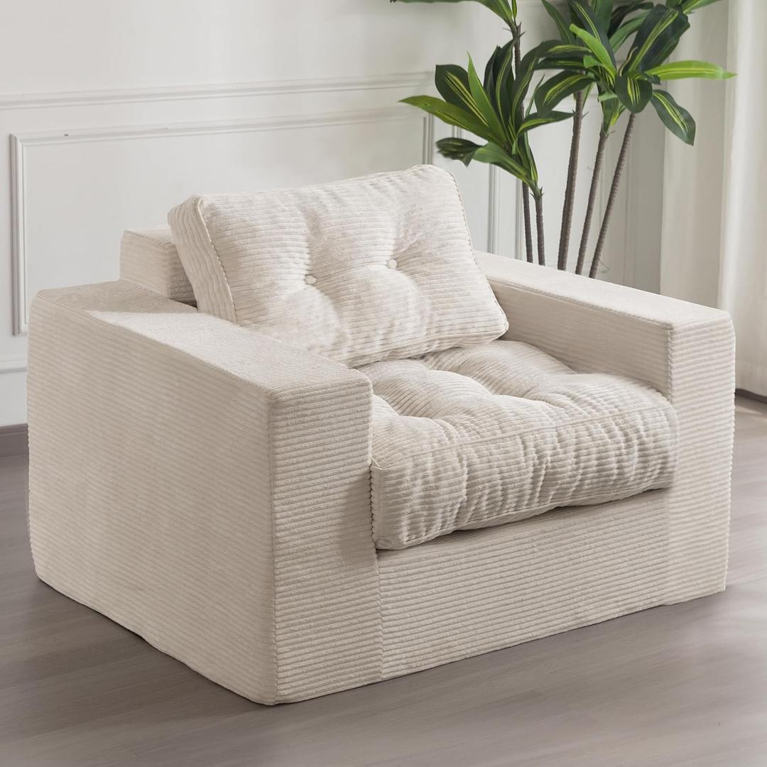 MAXYOYO Living Room Chair for Adults, Upholstered Floor Sofa with Armrests, Boneless Chair with Tufted Cushion & Backrest, Sofa in A Box, Bean Bag Couch for Bedroom Living Room, Dorm, Beige (Single)