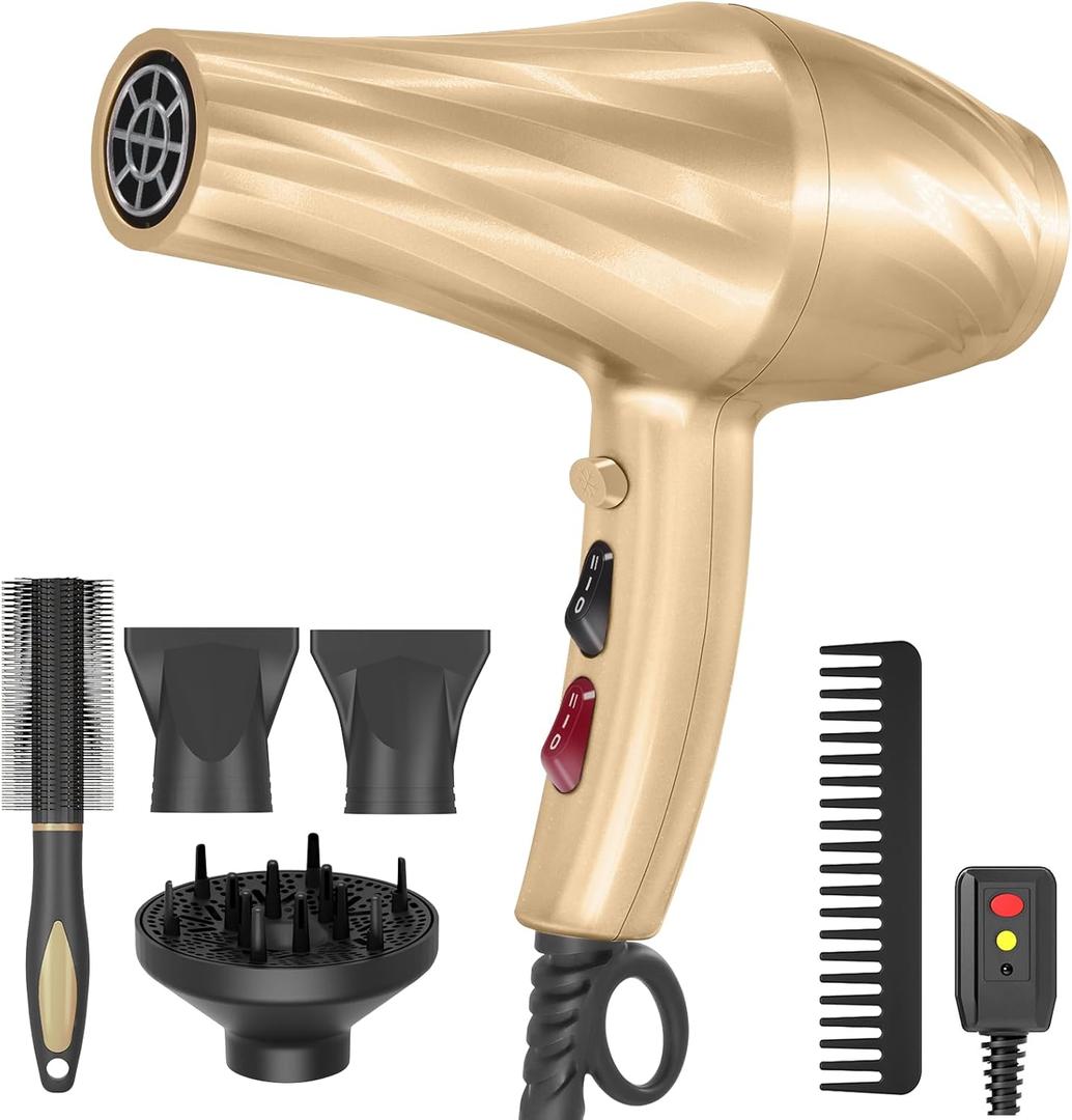 Ionic Hair Dryer,2400W Negative Ion Low Noise Hair Dryer Professional Fast Drying Hair Dryers with 2 Speeds, 3 Heat Settings, Cooling Button,with Diffuser for Curly and Straight HairChampagne Gold