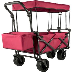 Happbuy Collapsible Wagon with Removable Canopy, 220lbs Heavy Duty Foldable Beach Wagon with Big Wheels (Red)