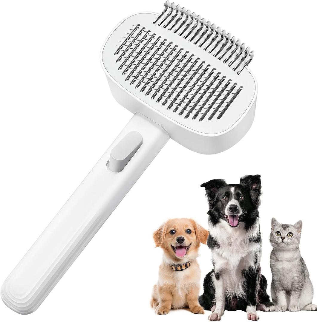 Cat Brush - 2-in-1 Cat Deshedding Brush & Dematting Comb for Long Haired Cats, Self Cleaning Slicker Brush Effectively Removes Matted Fur & Tangles, White