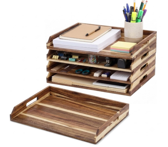 AceOrbit 4 Pcs Stackable Paper Tray Acacia Wood Desk Organizer Letter Tray 4 Tier Wooden File Organizer Desk Shelf for Documents, Letter Sorter, Envelopes and Magazine Holder