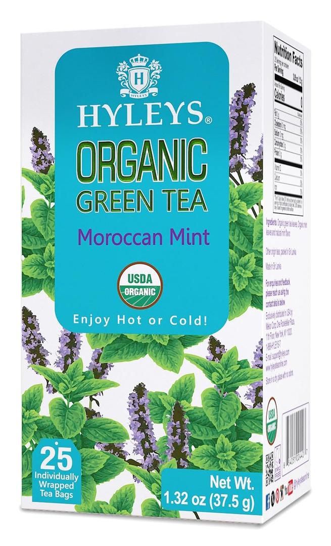 HYLEYS Organic Green Tea, Moroccan Mint Flavor - 25 Individually Wrapped Tea Bags - USDA Organic - Kosher & Vegan (EXP 04/30/26)