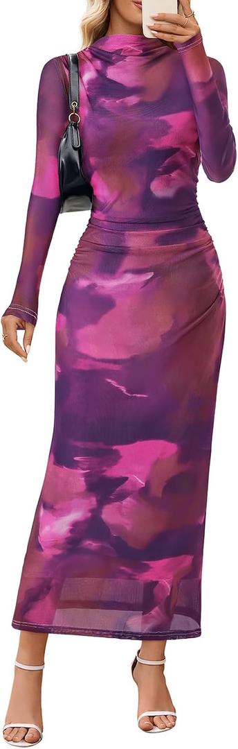 MEROKEETY Women's Spring Wedding Guest Dress 2026 Long Sleeve Bodycon Floral Mesh Fall Cocktail Holiday Party Maxi Dresses (Purple, M)
