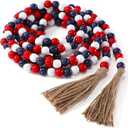 Equsion Wooden Bead Garland with Tassels, Extra Long Fireplace Wood Bead Garlands Rustic Farmhouse Vintage Boho Beads Garland for Party Home Decor Tiered Tray Decorative Beads(Red, White, Blue)