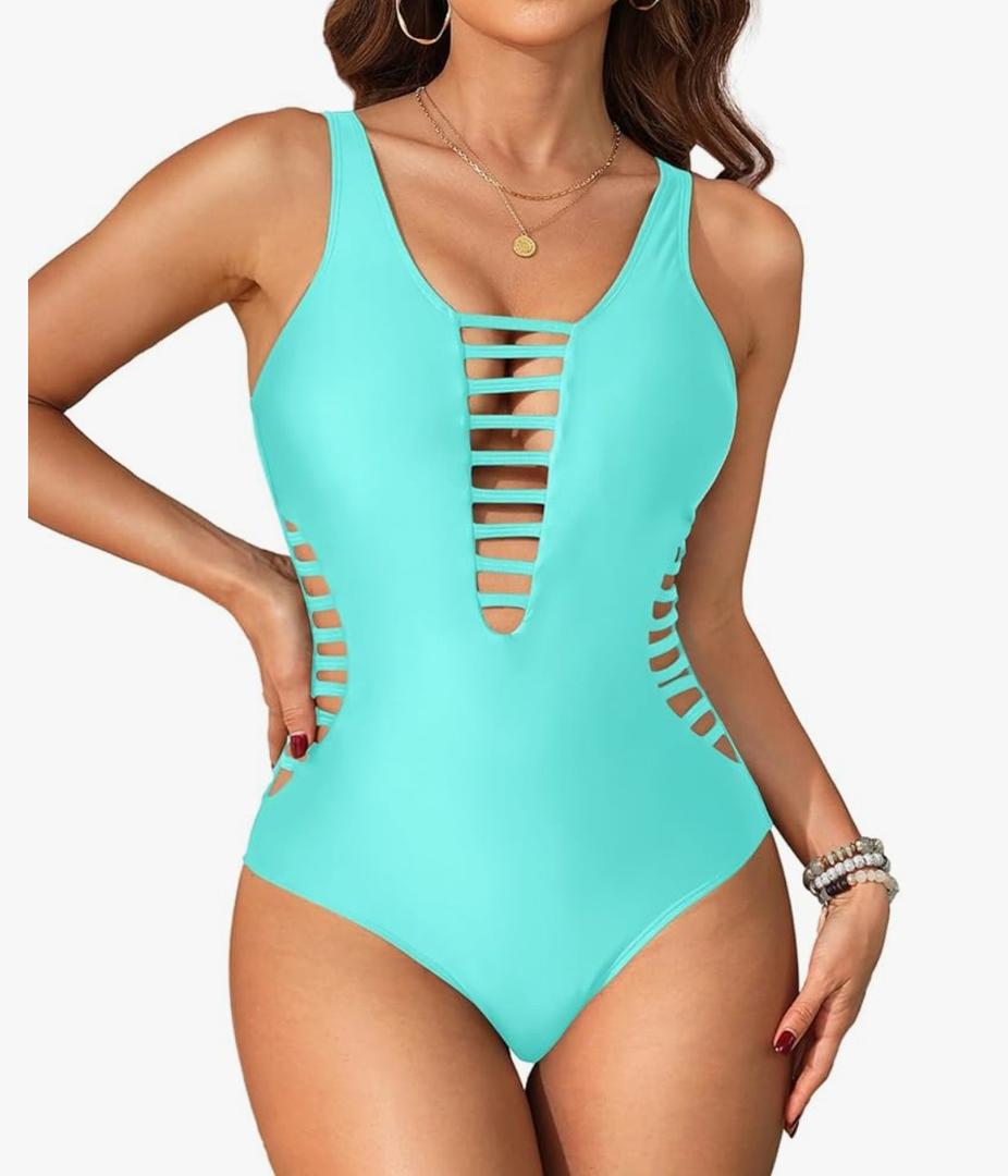 Aqua Eve Women Sexy One Piece Swimsuits Plunge Deep V Neck Cutout Bathing Suits, Lake Blue, XL