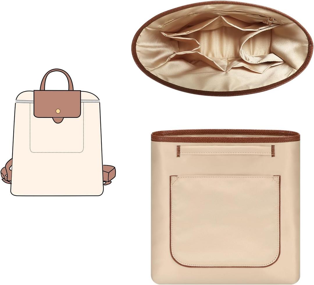 GIVLEFLY Backpack Organizer Insert & Liner with Cup Holder and Umbrella Holder, Compatible with Longchamp Le Pliage Original Backpack, Multiple Pockets Bag Divider & Shaper, Beige