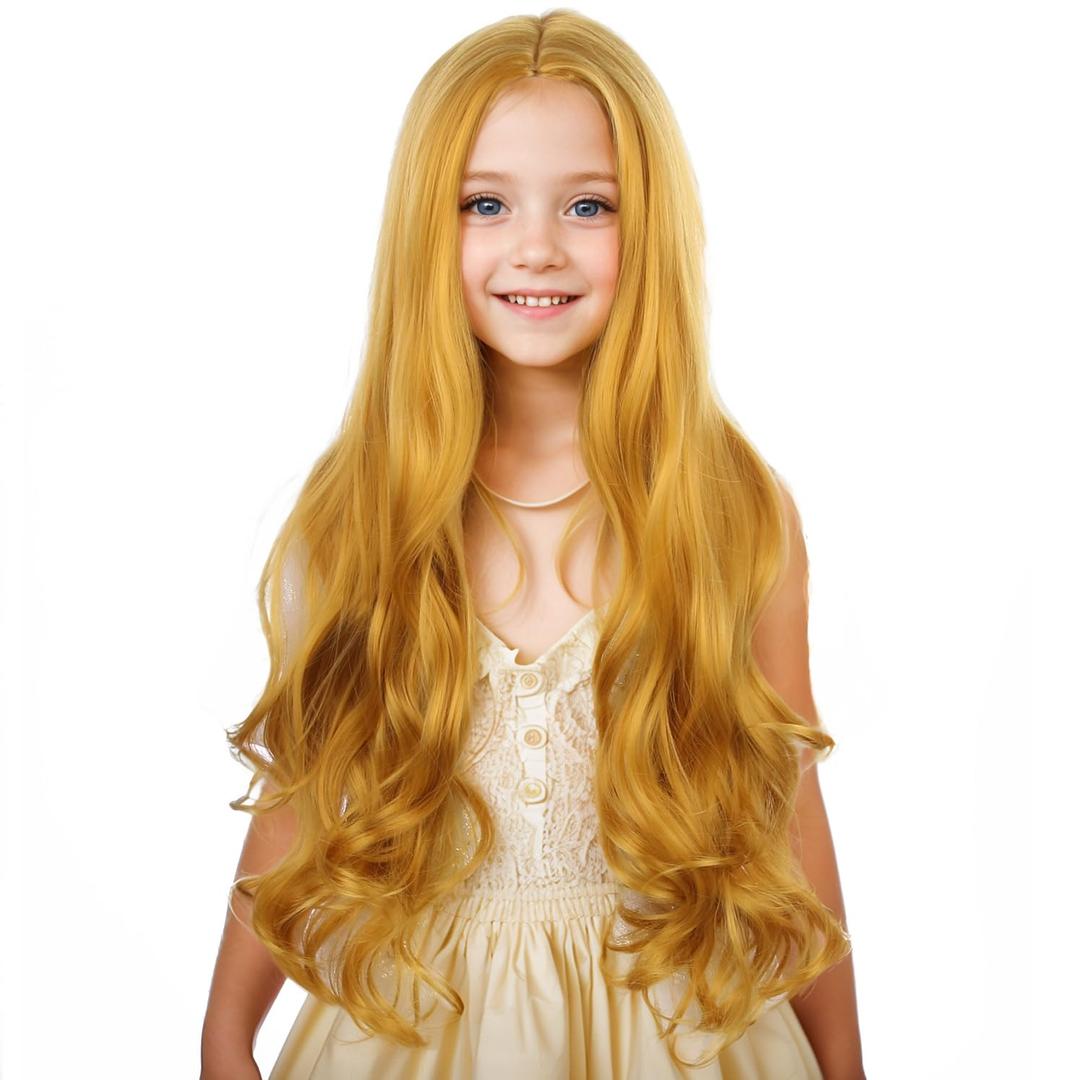 Gold Blond Wig for Kids Girls Long Wavy Curly Wig Child Yellow Wigs Synthetic Halloween Party Cosplay Wigs